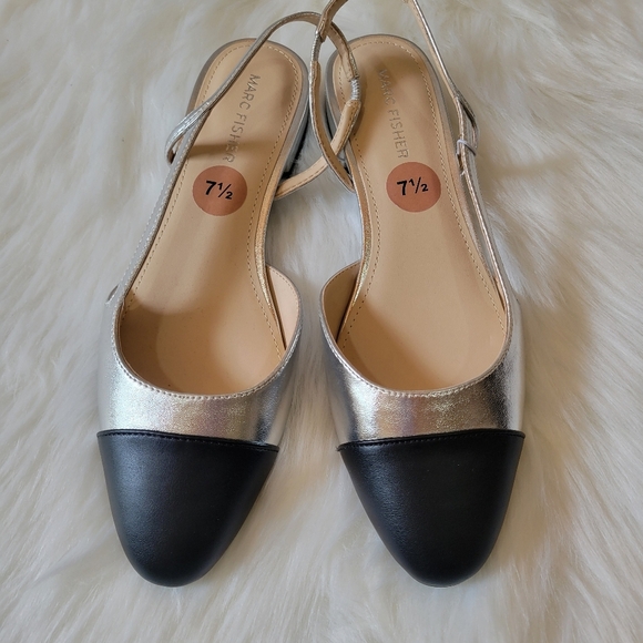 Marc Fisher Silver and Black Slingback Flats - Picture 2 of 6